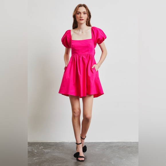 Puff Sleeve Baby Doll Dress with Bow Back and Pockets - Picture 2 of 7